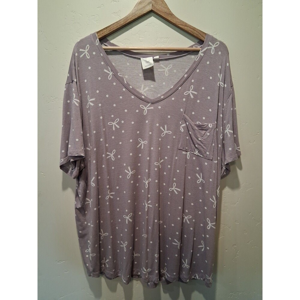 Loanna Wmns Plus 3X Flowy Purple Top All Over Bow Polka Dot Pattern Pocket Cozy